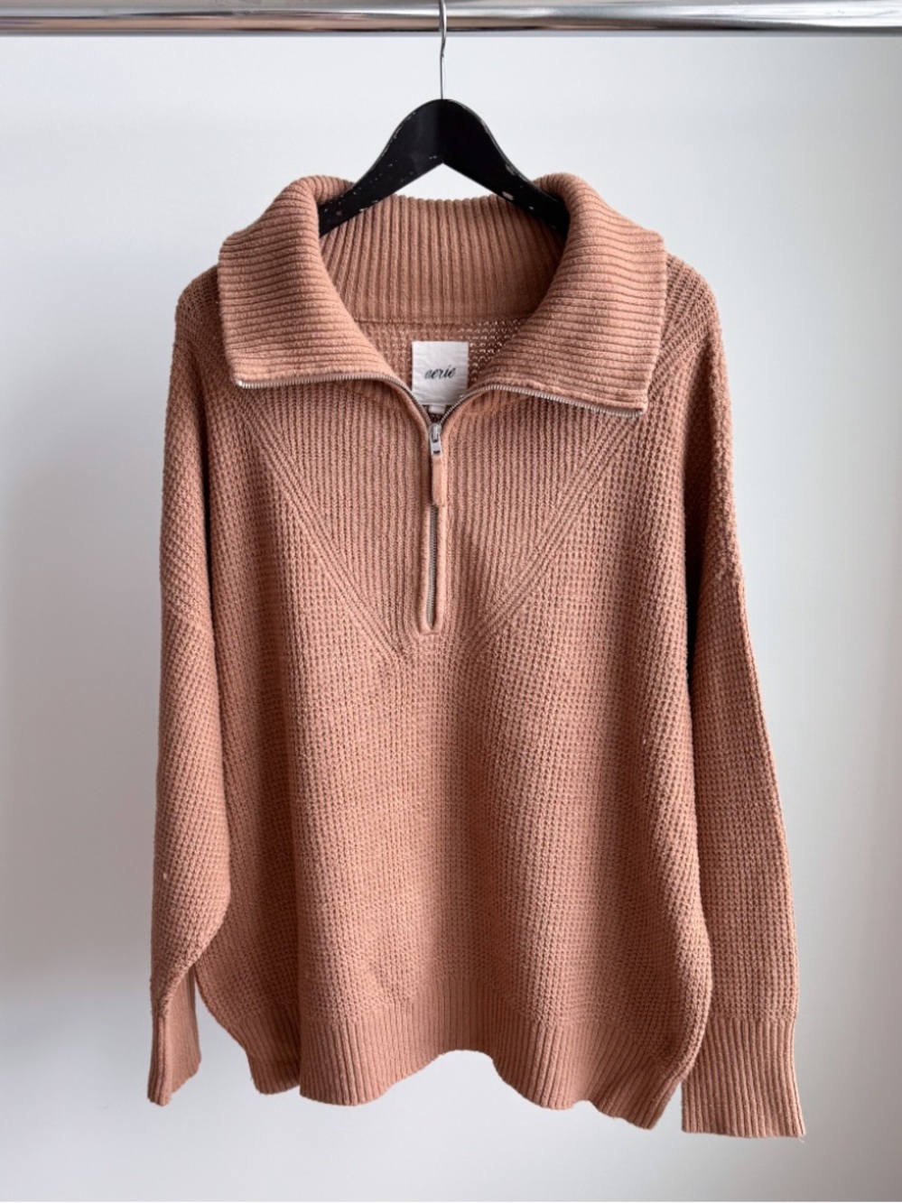 Aerie CozyUp Waffle Quarter Zip Sweater Oversized Cappuccino M